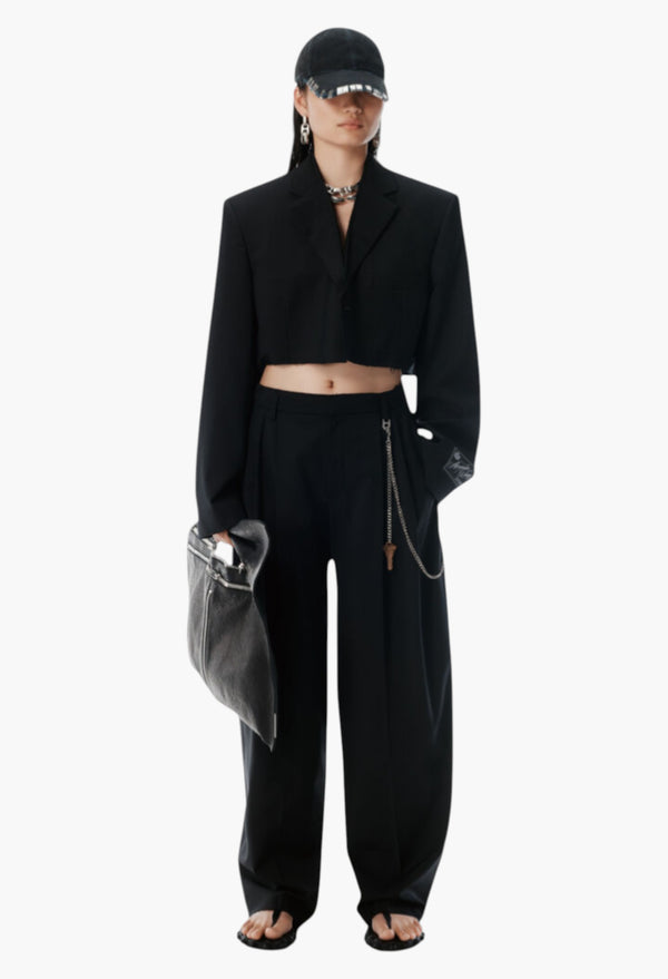 Black Wool - Blend Mid-Rise Pants