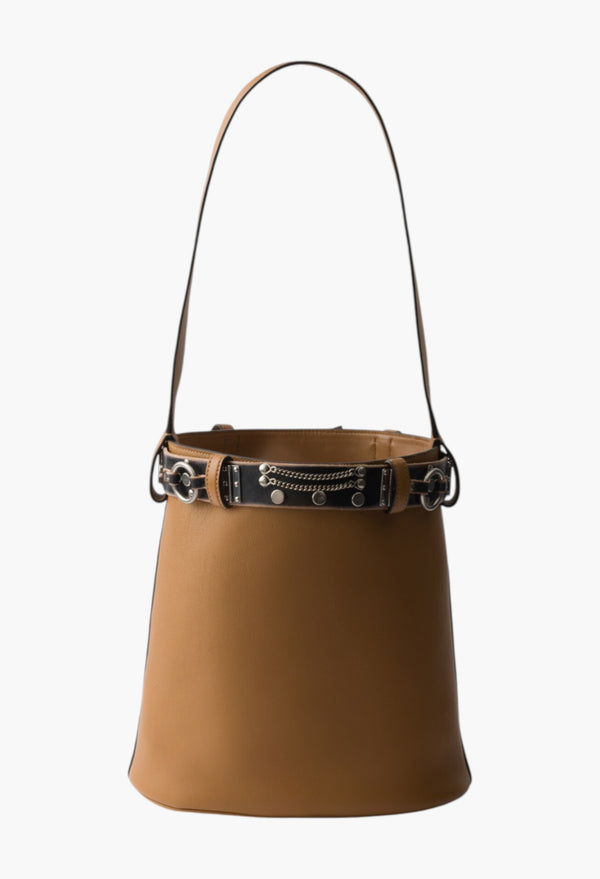 Caramel/Black - Prada Buckle Leather Bucket Bag With Studded Belt