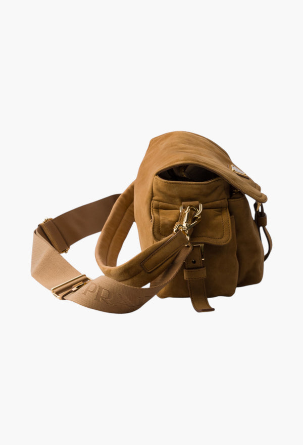 Cinnamon - Prada Explore Medium Suede Shoulder Bag With Flap