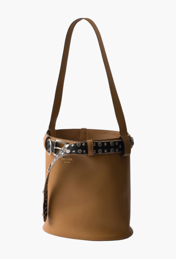 Caramel/Black - Prada Buckle Leather Bucket Bag With Studded Belt