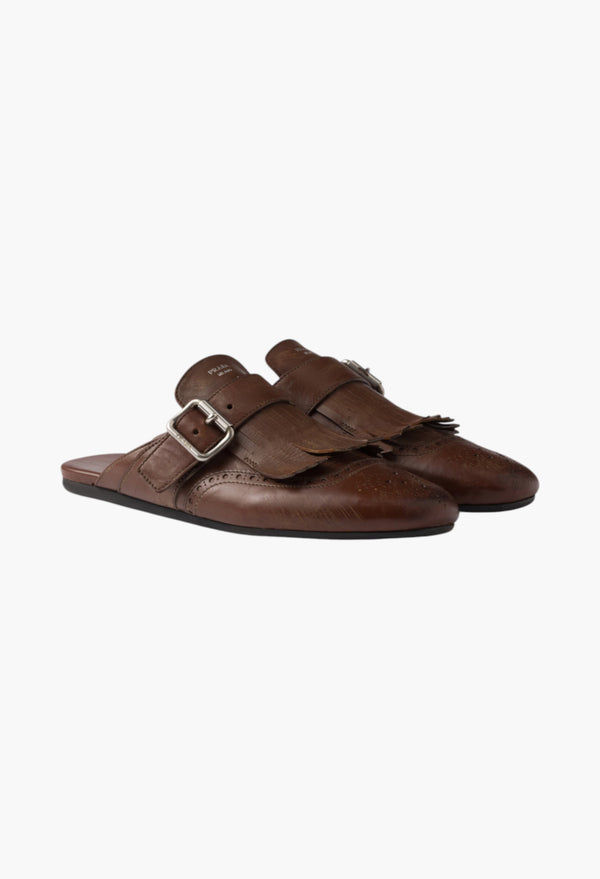 Cognac - Shuffle Fringed Leather Mules