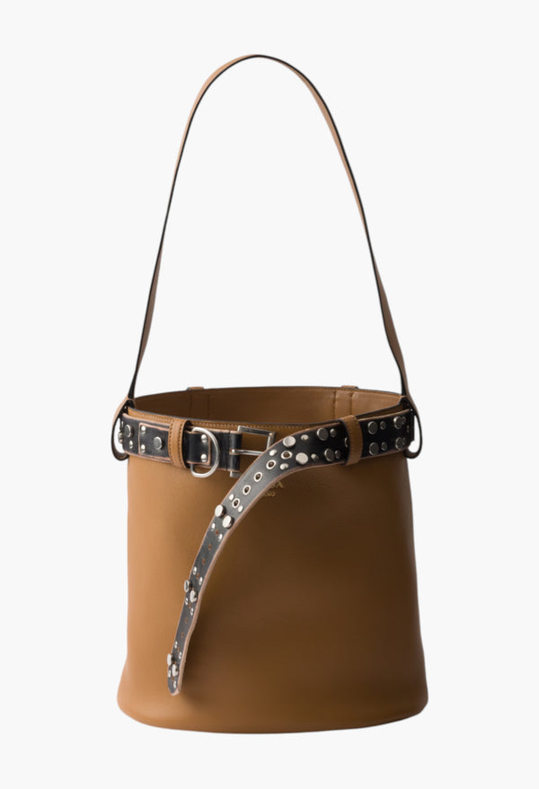Caramel/Black - Prada Buckle Leather Bucket Bag With Studded Belt