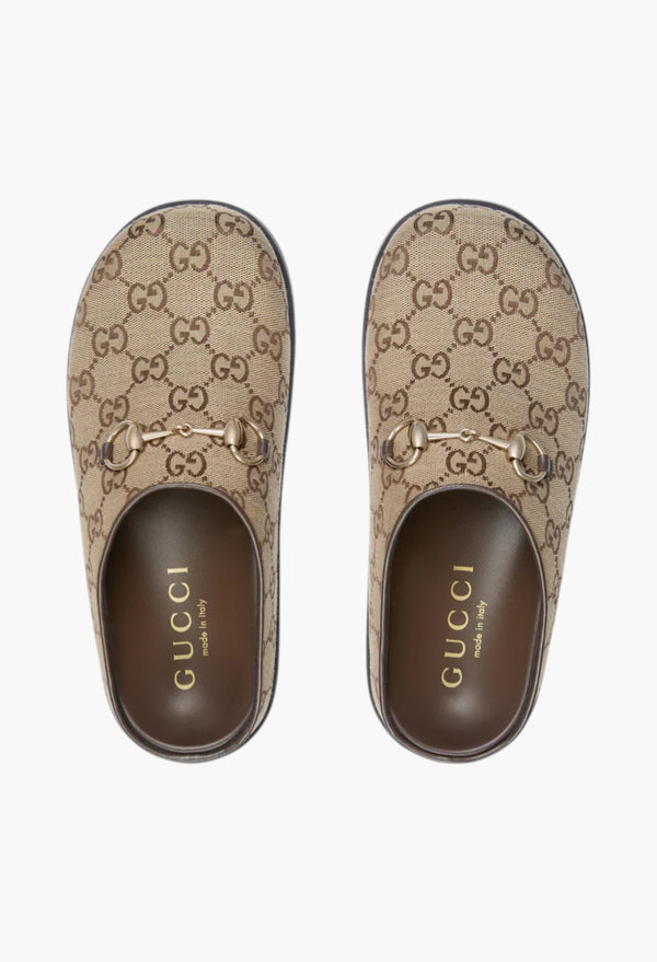 Camel And Dark Brown GG Canvas - Women's Mule With Horsebit