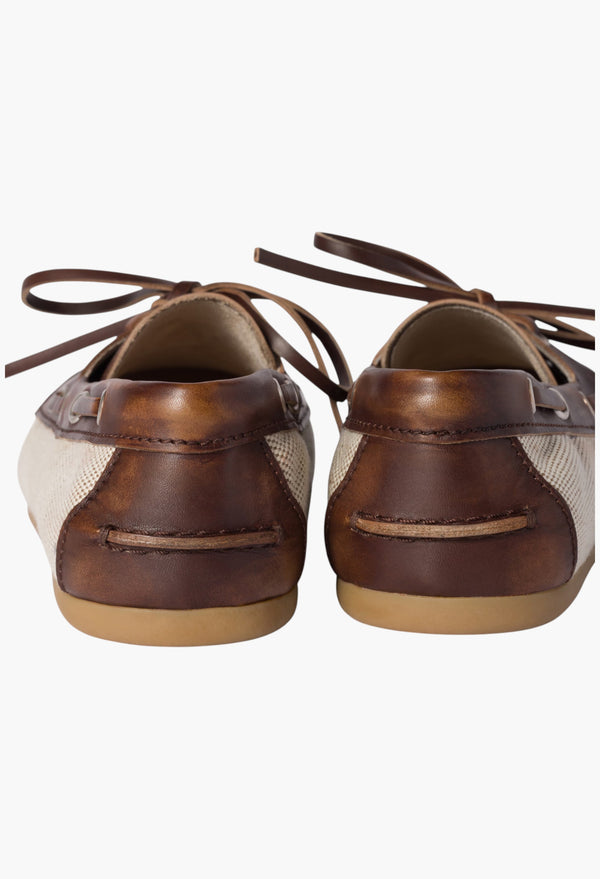 Beige/Brown - Canvas And Bleached Leather Boat Shoes