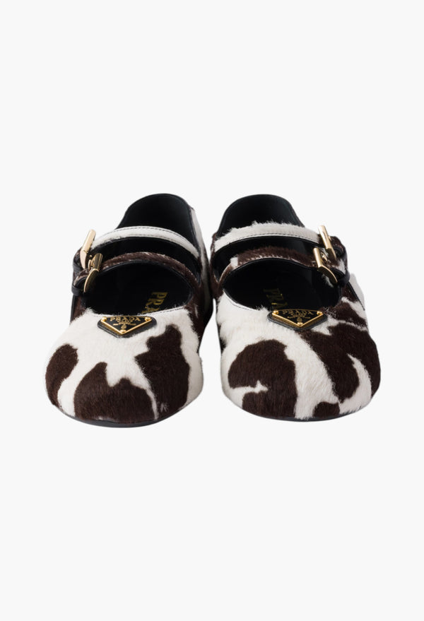 White/Dark Brown - Printed Leather Ballerinas