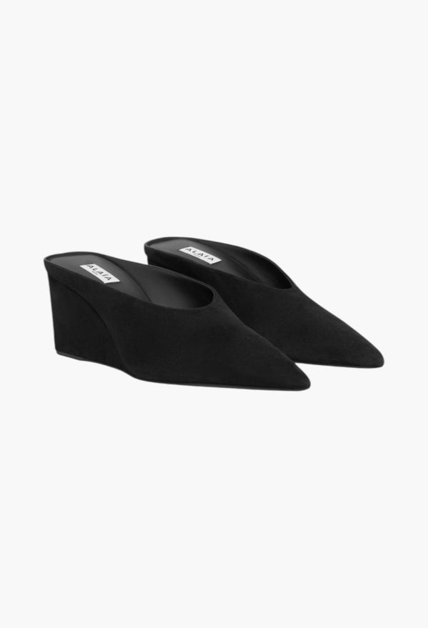 Black - Cube Wedge Mules In Suede Goatskin
