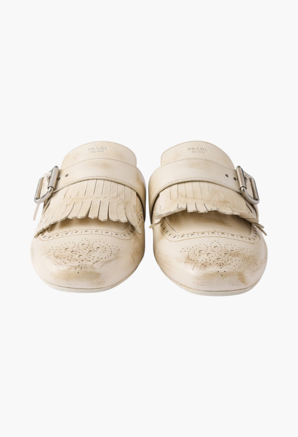 Chalk White - Shuffle Fringed Leather Mules