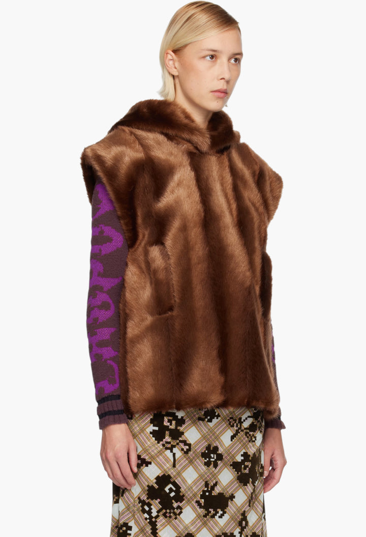 Brown Sleeveless Faux-Mink Hoodie - GLAM MODA