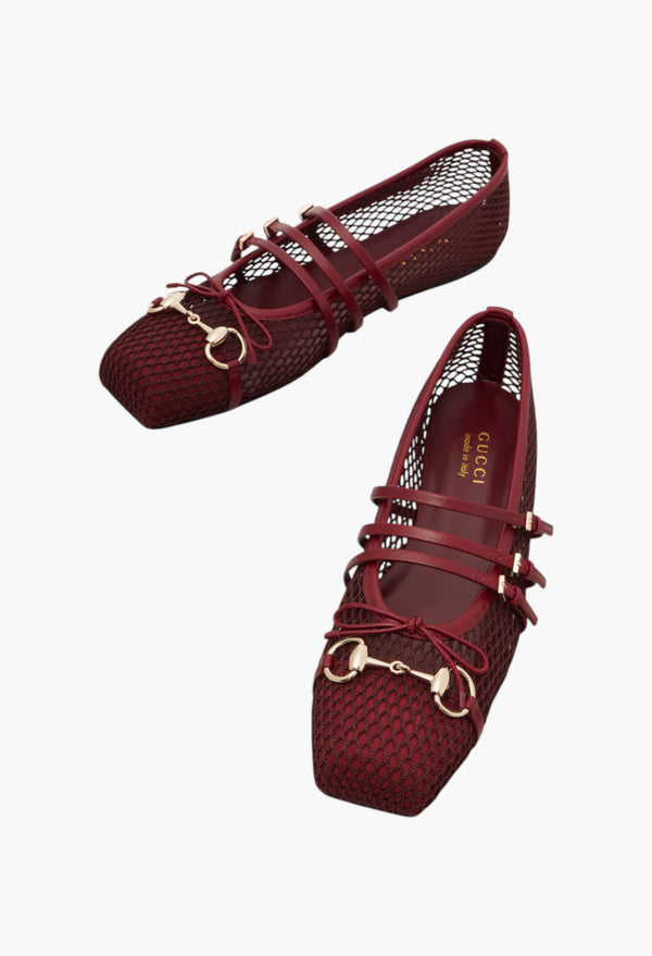 Horsebit Leather-Trimmed Mesh Ballet Flats