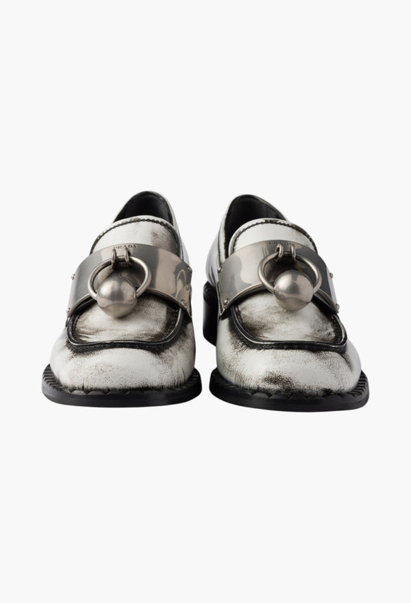 White - Brushed Leather Loafers With Metal Details