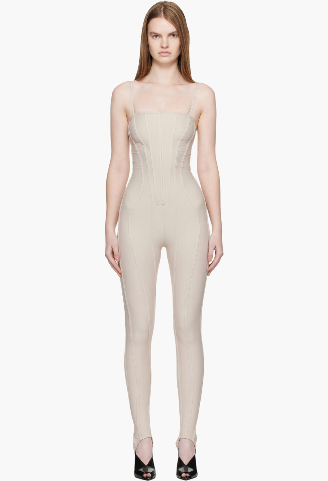 Beige Boned Stretch Catsuit - GLAM MODA
