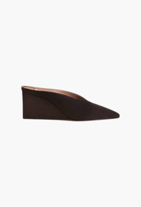 Dark Brown - Cube Wedge Mules In Suede Goatskin