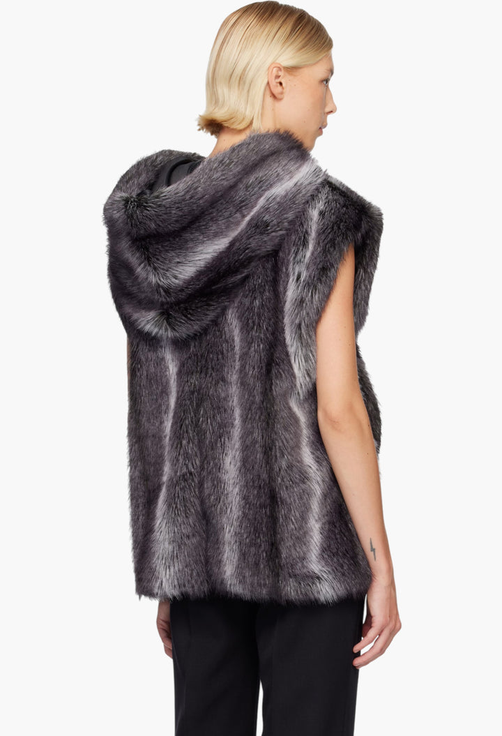 Gray Sleeveless Faux-Mink Hoodie - GLAM MODA