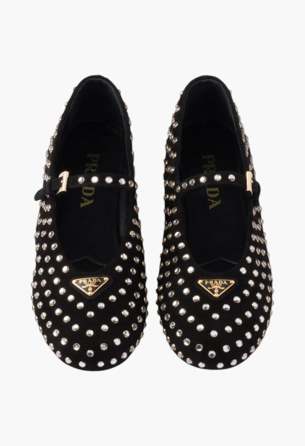 Black - Suede Ballerinas With Crystals