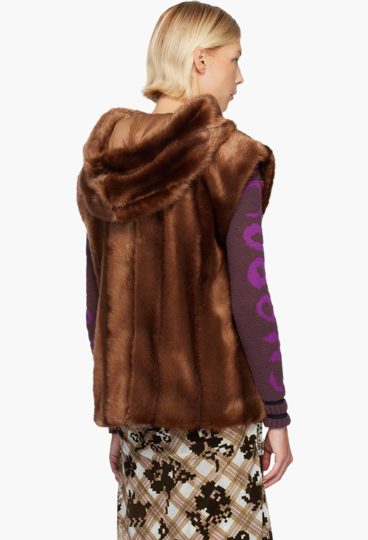 Brown Sleeveless Faux-Mink Hoodie - GLAM MODA