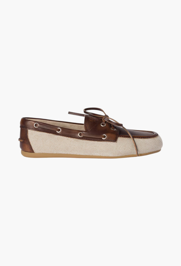Beige/Brown - Canvas And Bleached Leather Boat Shoes