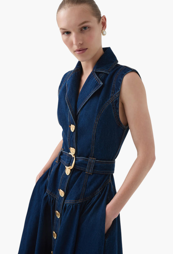 Dark Classic Wash - Elena Belted Denim Midi Dress