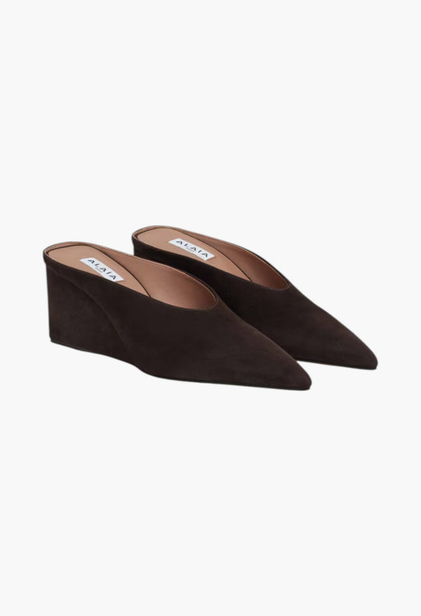 Dark Brown -  Cube Wedge Mules In Suede Goatskin