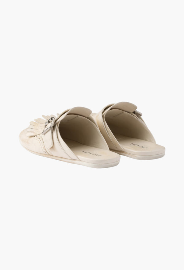 Chalk White - Shuffle Fringed Leather Mules