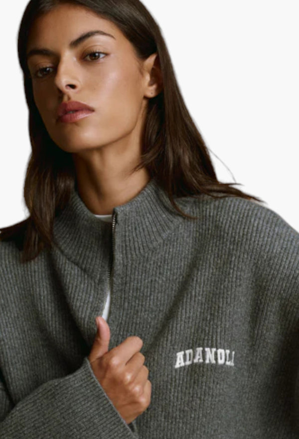 Ribbed Zip Through Knit Sweatshirt - Dark Grey Melange/Marshmallow White