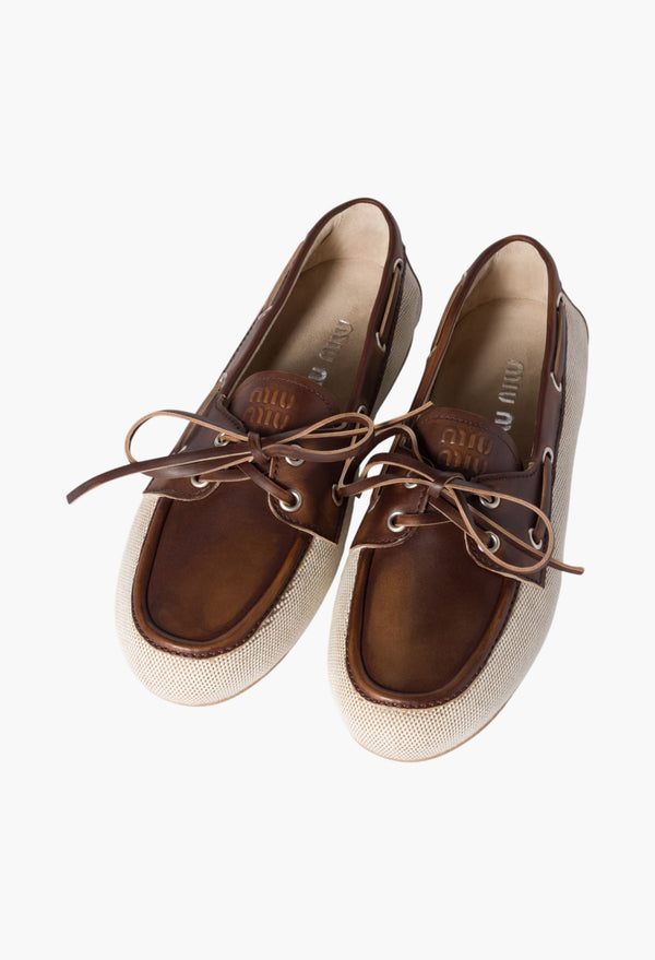 Beige/Brown - Canvas And Bleached Leather Boat Shoes