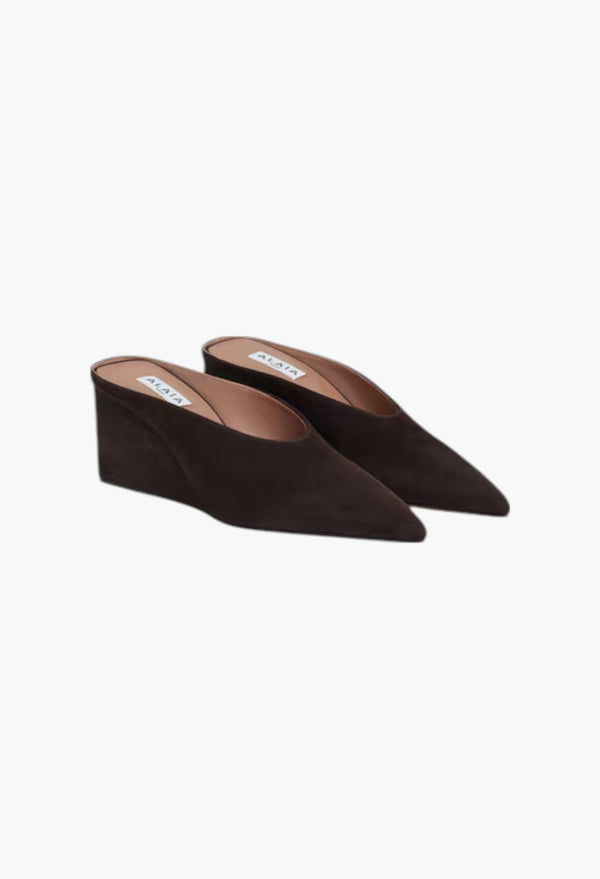 Dark Brown - Cube Wedge Mules In Suede Goatskin