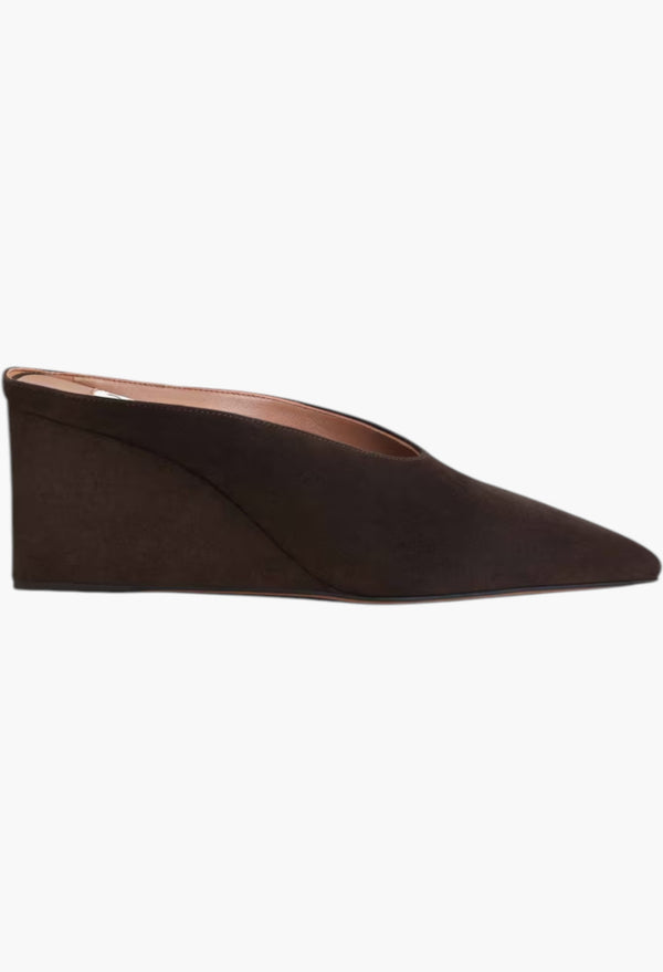 Dark Brown -  Cube Wedge Mules In Suede Goatskin