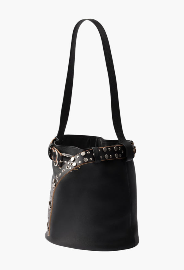 Black - Prada Buckle Leather Bucket Bag With Studded Belt