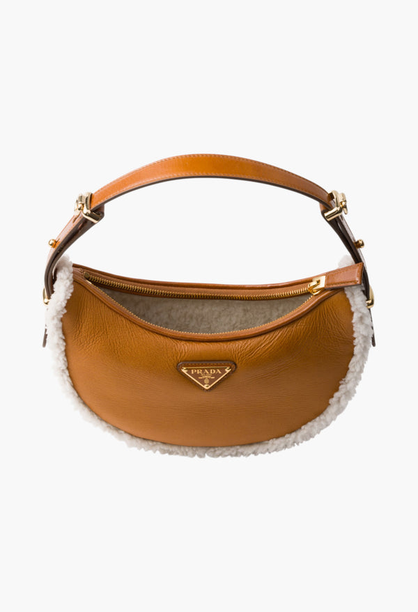 Cognac/Natural - Prada Arqué Small Shearling Shoulder Bag