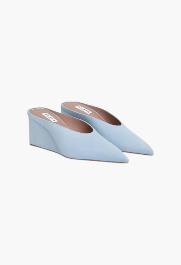 Light Blue - Cube Wedge Mules In Suede Goatskin