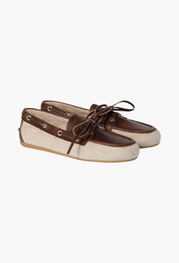 Beige/Brown - Canvas And Bleached Leather Boat Shoes