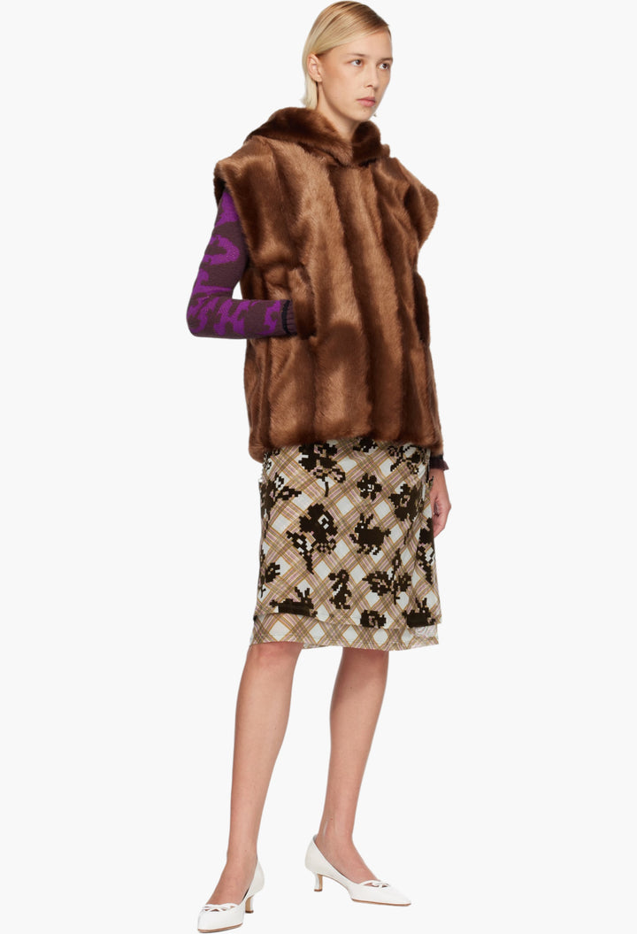 Brown Sleeveless Faux-Mink Hoodie - GLAM MODA