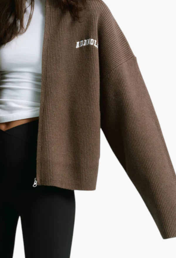 Ribbed Zip Through Knit Sweatshirt - Dark Cocoa Brown