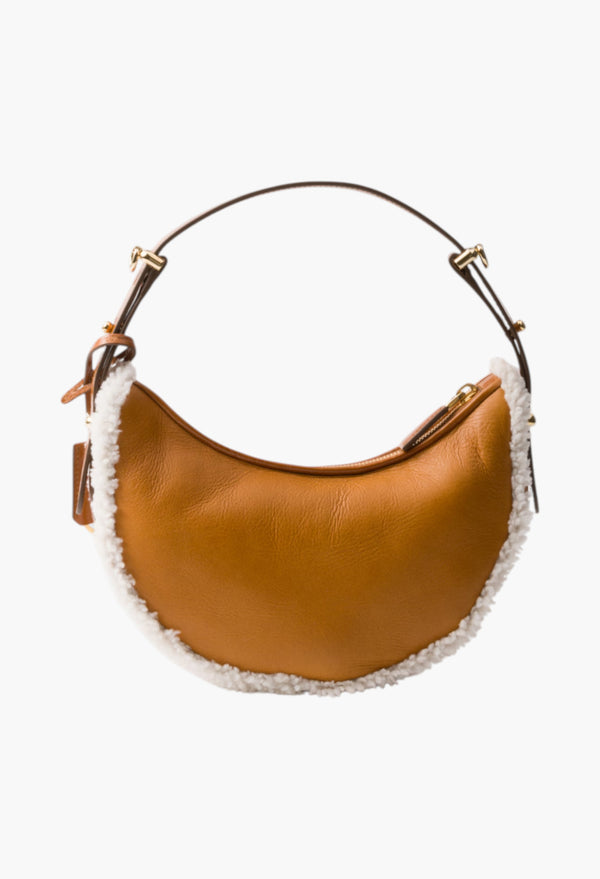 Cognac/Natural - Prada Arqué Small Shearling Shoulder Bag