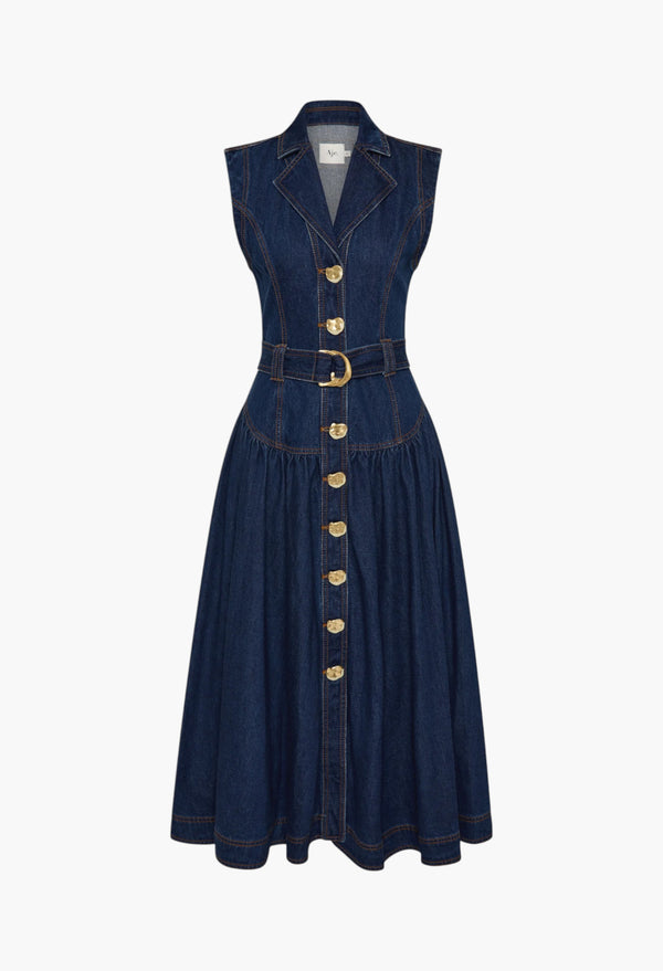 Dark Classic Wash - Elena Belted Denim Midi Dress