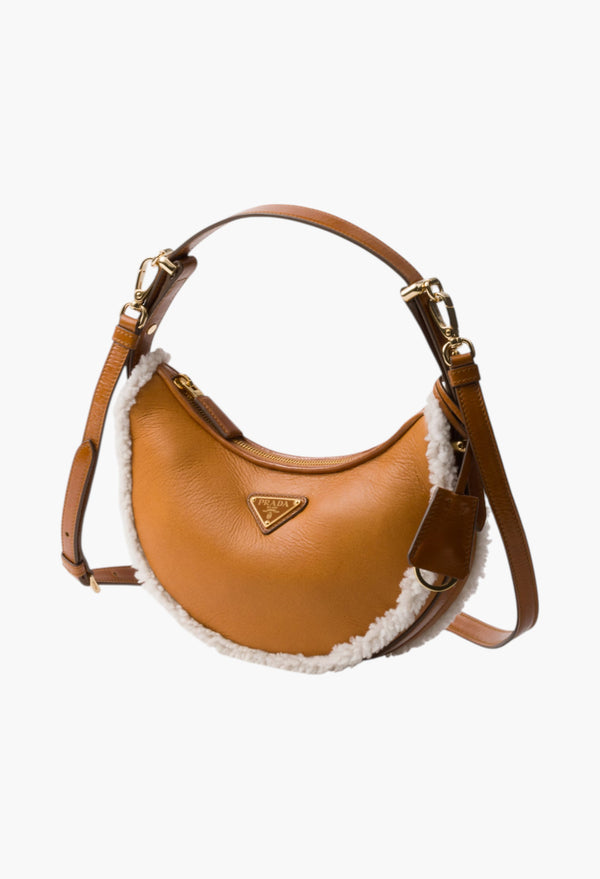 Cognac/Natural - Prada Arqué Small Shearling Shoulder Bag