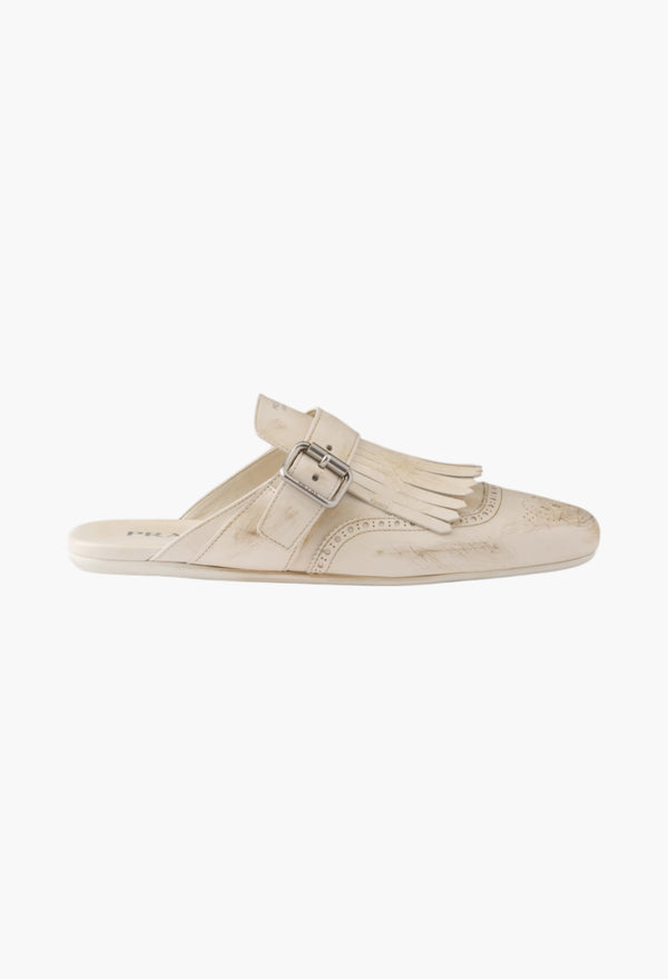 Chalk White - Shuffle Fringed Leather Mules