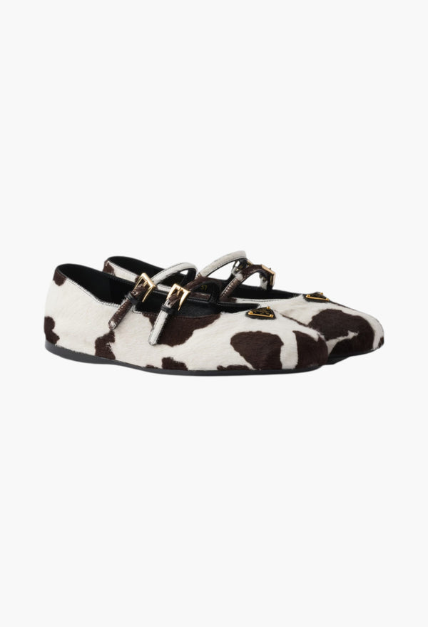 White/Dark Brown - Printed Leather Ballerinas