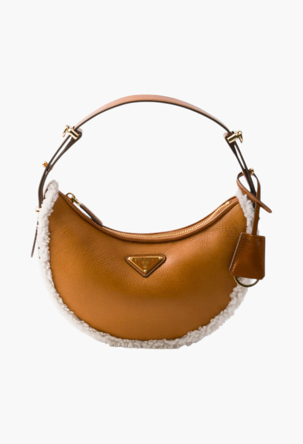 Cognac/Natural - Prada Arqué Small Shearling Shoulder Bag