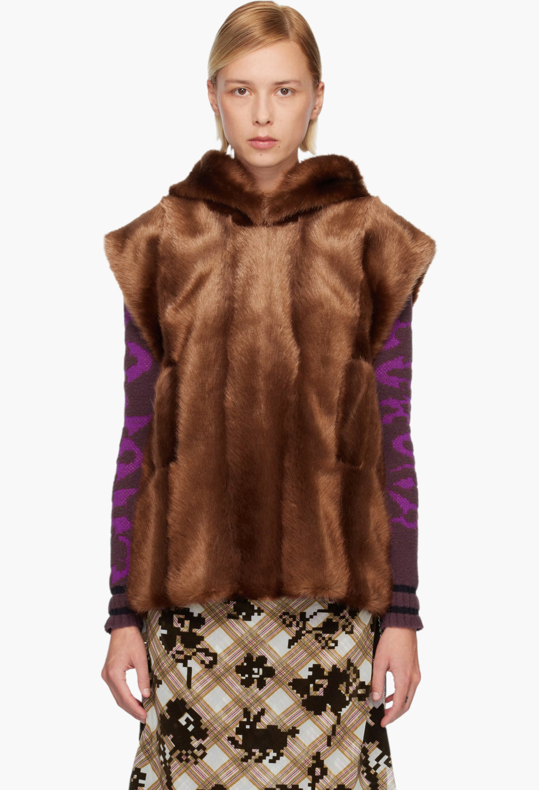 Brown Sleeveless Faux-Mink Hoodie - GLAM MODA