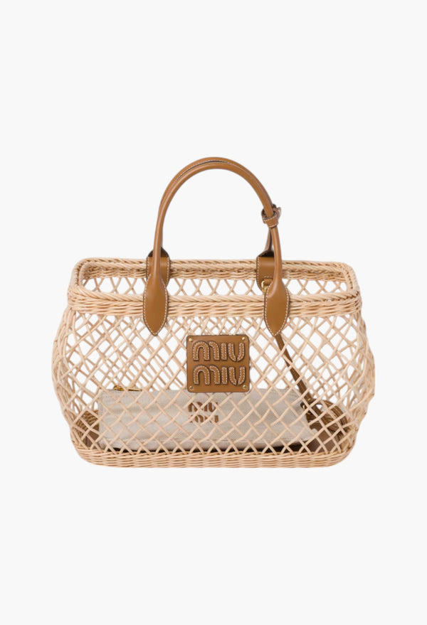 Woven Fabric Handbag With Leather Trim - Tan/Caramel