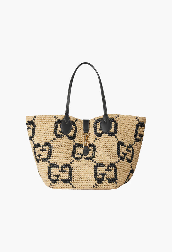 Natural And Black GG Raffia-Effect Fabric - Woven Medium Tote Bag