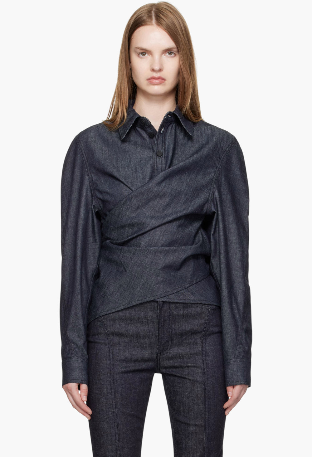 Indigo Wrapped Chambray Shirt - GLAM MODA