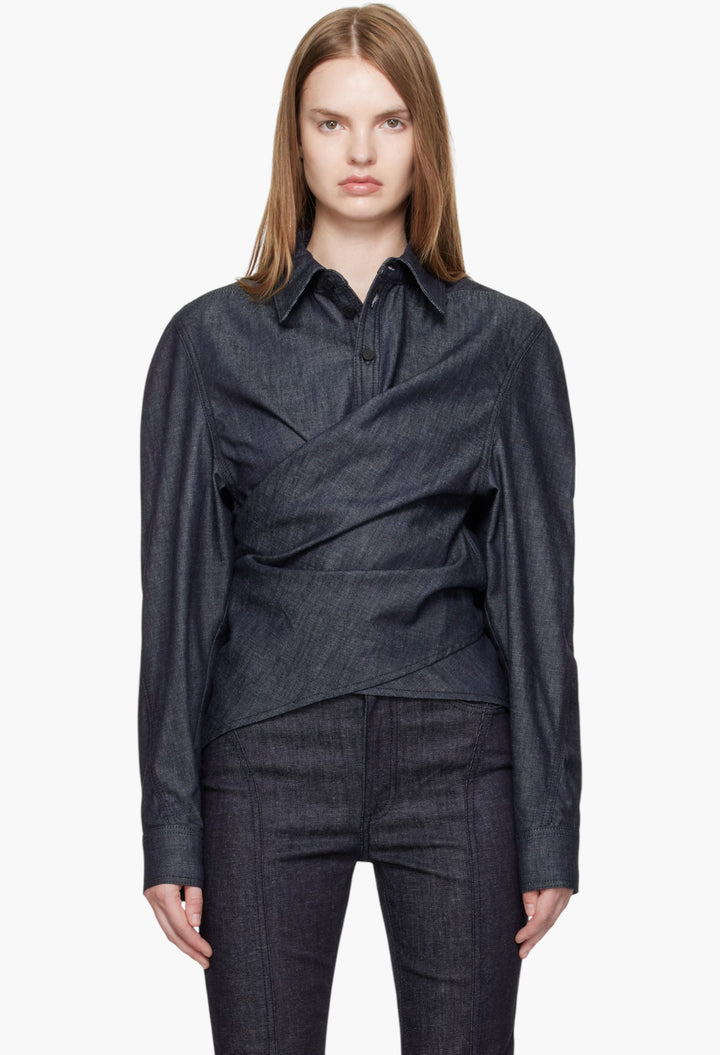 Indigo Wrapped Chambray Shirt - GLAM MODA