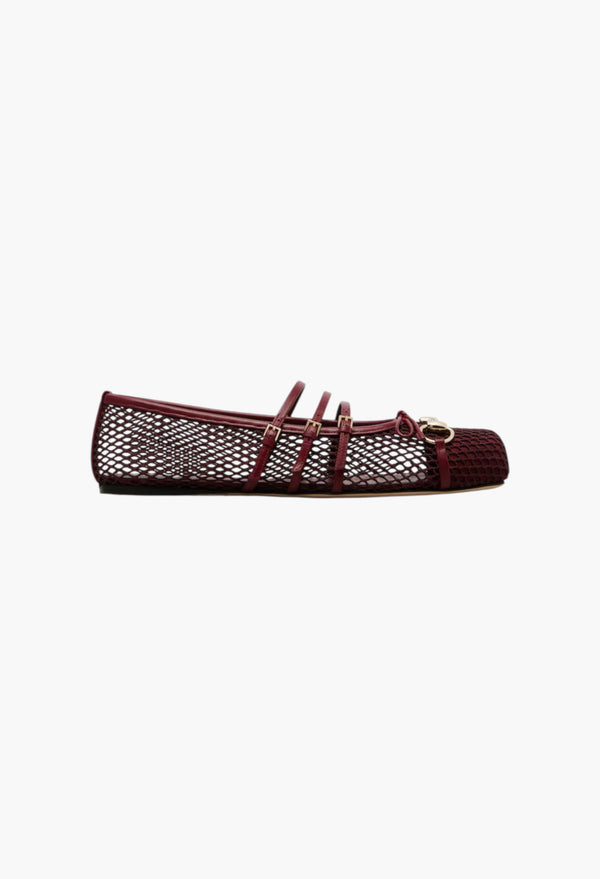 Horsebit Leather-Trimmed Mesh Ballet Flats