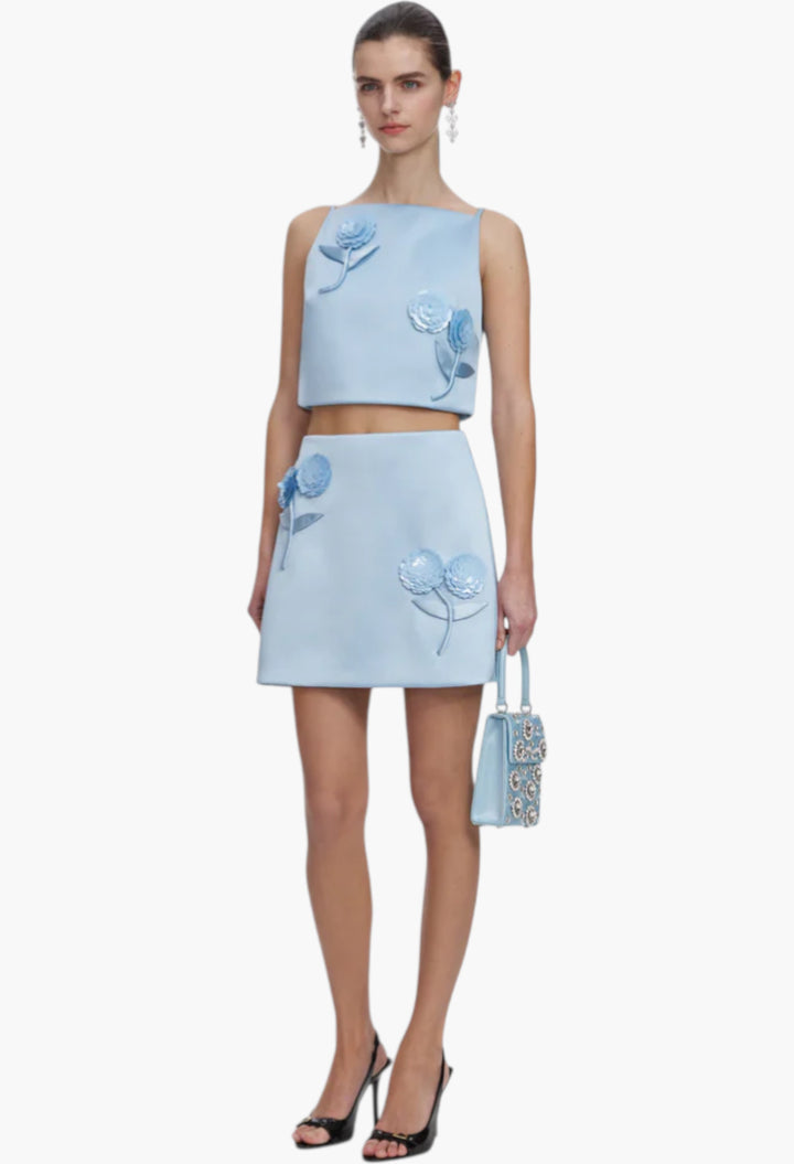 Blue Satin 3D Sequin Flower Top - GLAM MODA