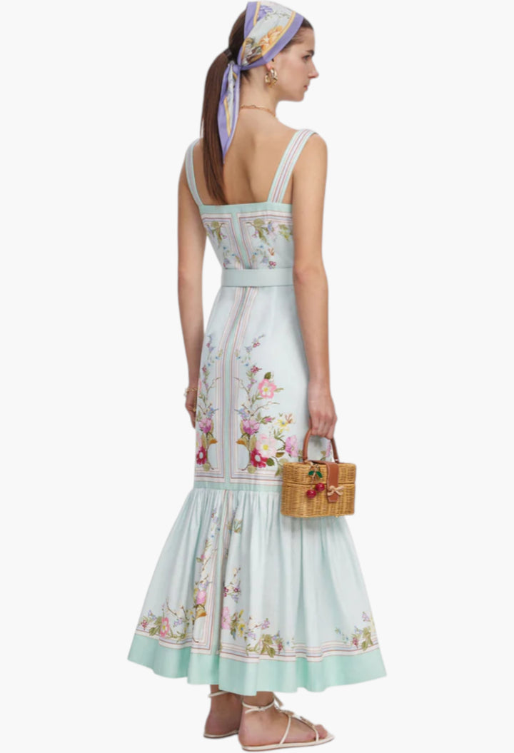 Mint Floral Linen Midi Dress - GLAM MODA