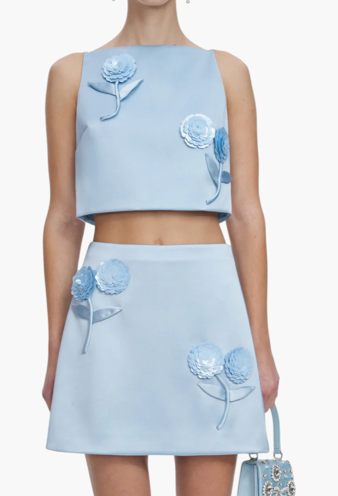 Blue Satin 3D Sequin Flower Top - GLAM MODA