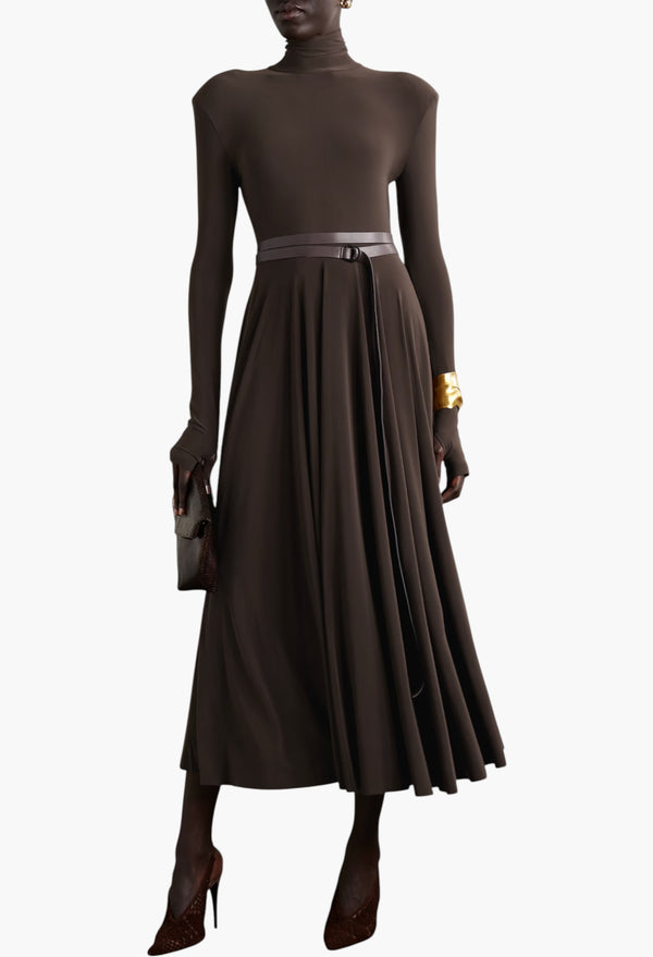 Belted Stretch-Jersey Turtleneck Midi Dress