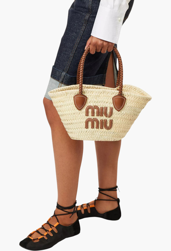 Logo-Embroidered Raffia Basket Bag - GLAM MODA
